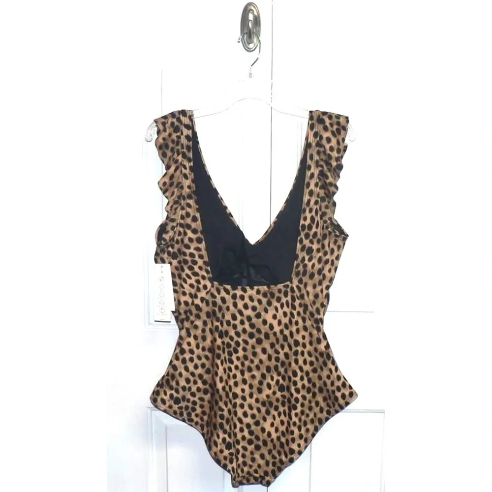 DKNY Womens Ruffled Shoulder VNeck Underwire OnePiece Leopard Print Swimsuit 2XL - Picture 8 of 9
